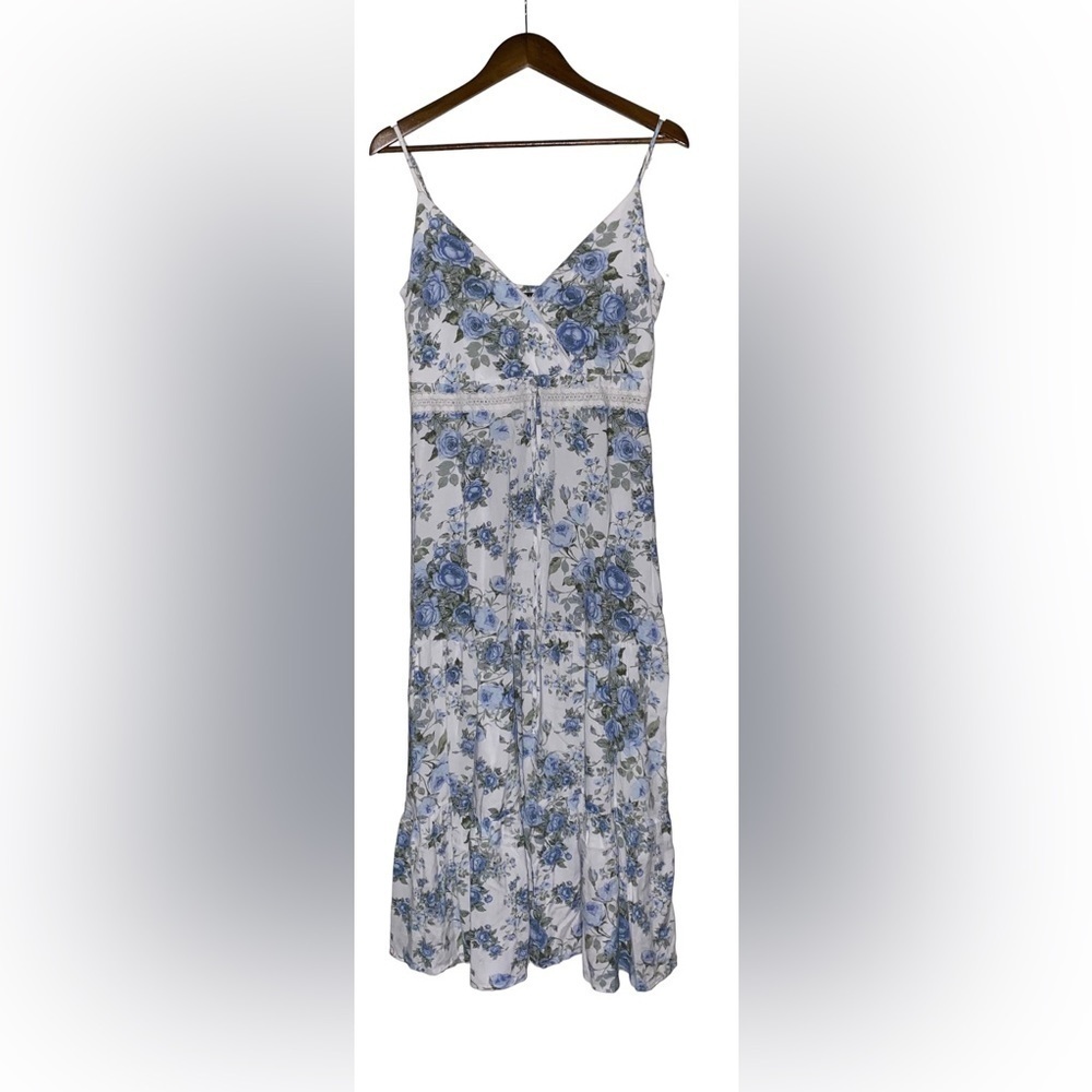 Trixxi Blue Rose Strappy Midi Sundress‎ Ruffle Women M Cottage Prairie Cowgirl